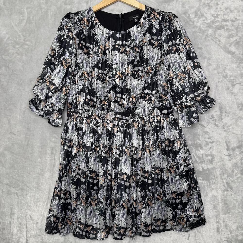 Lulus Dress Womens XL Black Floral Pleated Metallic Ruffle Sleeve Lined Back Zip